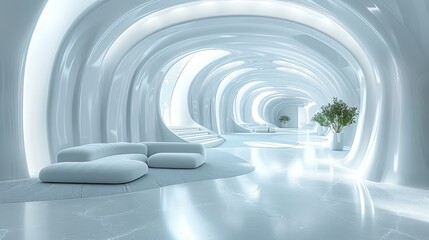 Fototapeta premium Futuristic interior design in white tones. Technologies of the future made of plastic. 3D illustration