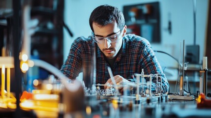 A focused engineer wearing safety glasses works meticulously on an intricate mechanical project in a lab, showcasing precision, innovation, and engineering skills..