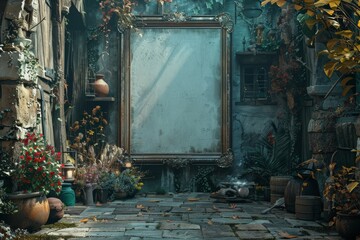 A large wooden framed mirror hangs on a wall overgrown with vines and plants in an abandoned building.