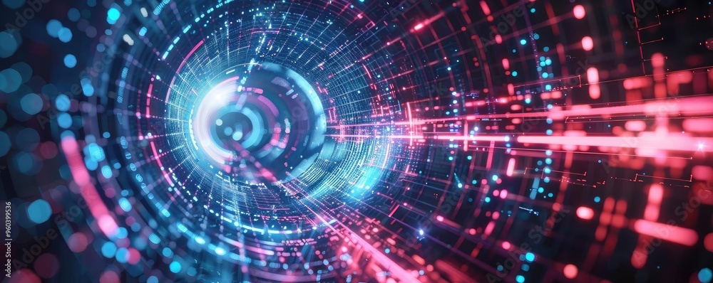 Aufkleber a vibrant digital tunnel with glowing blue and pink lights, illustrating concepts of technology and 