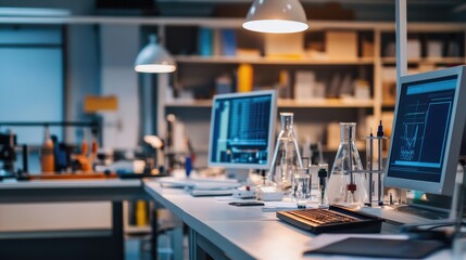 A contemporary scientific research laboratory featuring computers, lab equipment, and glassware, highlighting a professional setting for research and development..
