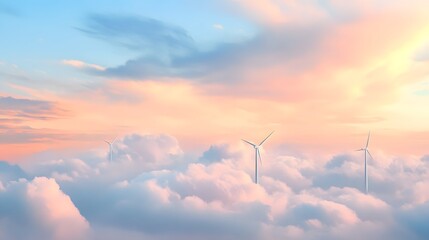 Three wind turbines are in the sky, with clouds in the background. Concept of power and energy, as the turbines harness the wind to generate electricity. The clouds add a sense of depth