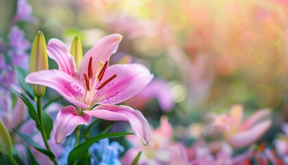 Fototapeta premium Pink Lily Perfection: A Close-up in a Garden of Flowers