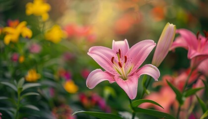 Fototapeta premium Pink Lily Paradise: A Close-Up Beauty Amidst a Blurry Floral Landscape