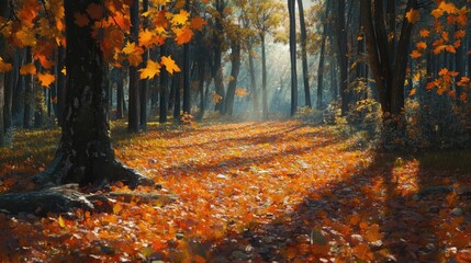 Naklejka premium A dense forest with a carpet of fallen leaves, with sunlight filtering through the trees.