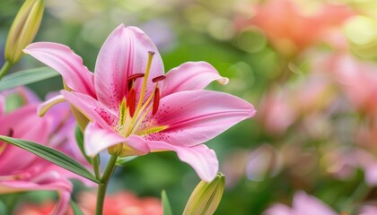 Fototapeta premium Pink Lily Perfection: A Close-Up Amongst a Garden of Blooms