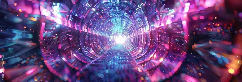Poster a mesmerizing abstract tunnel, filled with vibrant colors and light, evoking feelings of depth and e