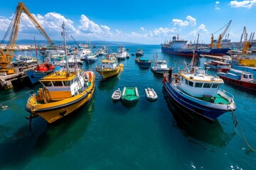 Obraz premium Panoramic photo, busy harbor, boats and ships fill the scene, showcasing the hustle and bustle of maritime life