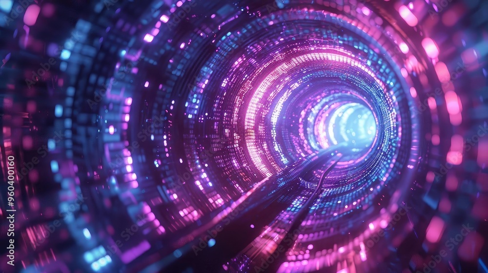 Aufkleber a vibrant tunnel of glowing lights, showcasing mesmerizing patterns in pink and blue hues, creating 