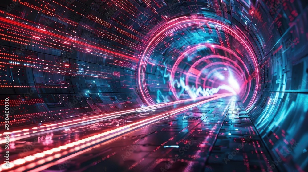 Poster vibrant digital tunnel with glowing lights, illustrating speed and technology in a futuristic enviro
