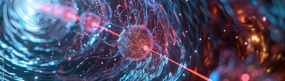 Poster Abstract representation of a particle and wave interaction in vibrant colors, showcasing the beauty of physics in motion.