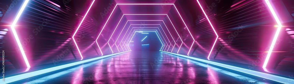 Poster Futuristic tunnel with vibrant neon lights creating a dynamic and immersive atmosphere for design and technology themes.
