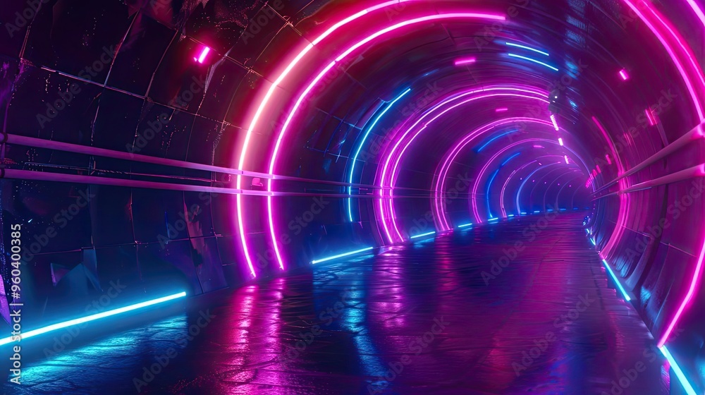 Poster a vibrant tunnel illuminated with neon lights in pink and blue, creating a futuristic and dynamic at