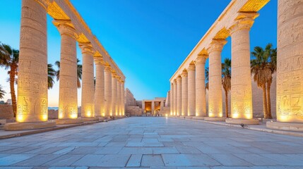 Fototapeta premium Mystical Glow of Ancient Luxor Temple: Illuminated Hieroglyphs at Nightfall in Egypt