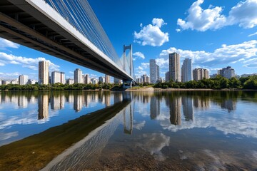 Panoramic photo, city bridge, spanning a river shows the engineering marvel and the connection between two sides of a city