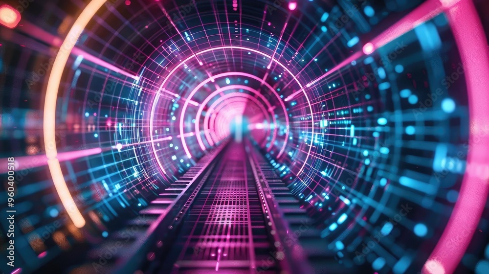 Poster an abstract representation of a futuristic tunnel with vibrant colors and glowing lights, perfect fo