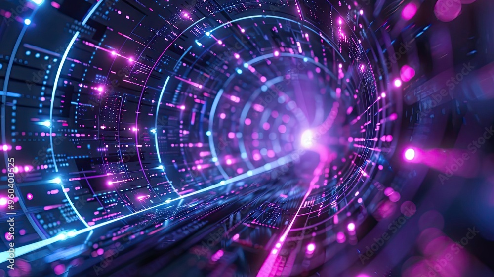 Poster Abstract digital tunnel with vibrant colors and dynamic light effects, representing motion and technology in a futuristic style.