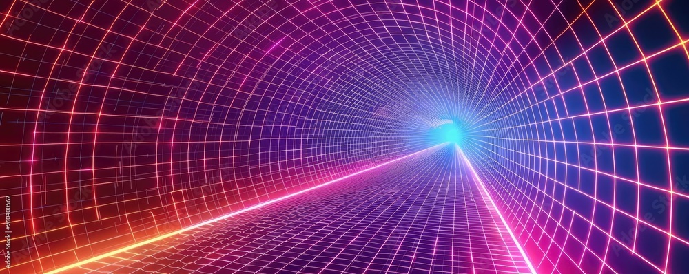 Poster a vibrant tunnel of light featuring neon colors and geometric patterns, ideal for tech and futuristi