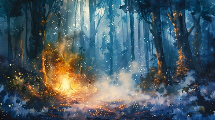 Fototapeta premium A magical forest scene with a glowing campfire in the center, surrounded by tall trees and mist.