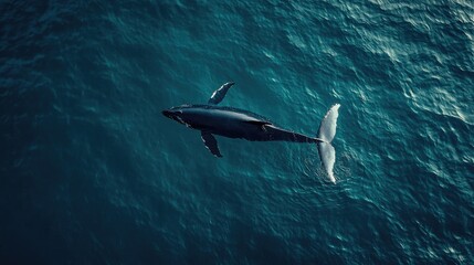 Obraz premium A majestic humpback whale glides peacefully through the deep blue ocean, illuminated by soft sunlight filtering through the water's surface..