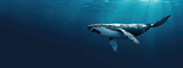 A majestic humpback whale glides peacefully through the deep blue ocean, illuminated by soft sunlight filtering through the water's surface..