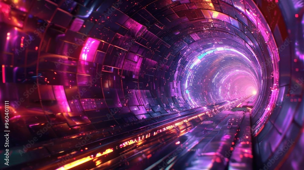 Poster A vibrant, futuristic tunnel illuminated by colorful lights, creating a mesmerizing sci-fi atmosphere.