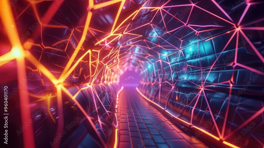 Poster a vibrant, futuristic tunnel illuminated by neon lights, showcasing a dynamic and creative atmospher