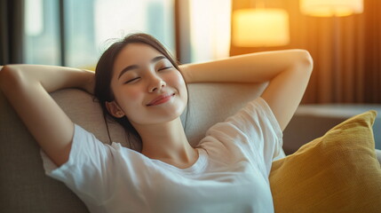 Asian girl in comfortable lounging chair