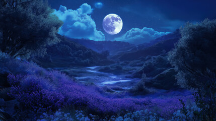 Naklejka premium Serene moonlit landscape with purple flowers and a winding river under a starry night sky