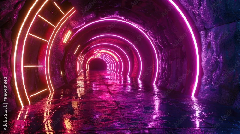 Aufkleber a vibrant tunnel illuminated by neon lights, reflecting colors on a wet surface, creating a mysterio