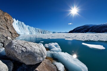 Panoramic photo, glacier, frozen expanse shows the icy beauty and immense scale of a glacier as it stretches into the distance