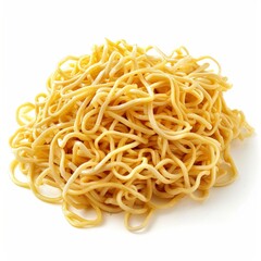 A mound of uncooked egg noodles on a white background.