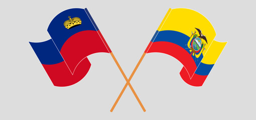 Crossed and waving flags of Liechtenstein and Republic of Ecuador. Vector illustration