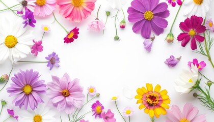 Summer Splendor: Exquisite Cosmos, Aster, and Zinnia Floral Border on White Background