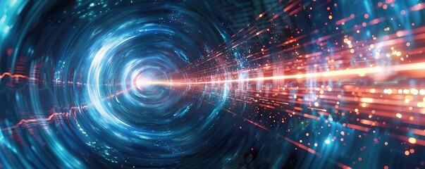 Obraz premium Dynamic abstract illustration of a light tunnel showcasing vibrant colors and motion, representing energy and speed in technology.