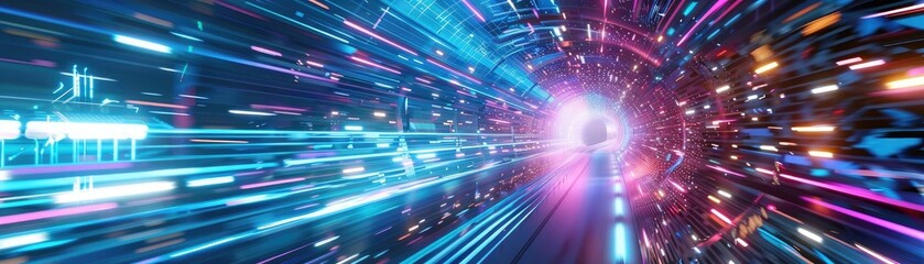 Obraz premium A vibrant, futuristic tunnel with dynamic light trails, showcasing colors of blue and pink, representing speed and technology.