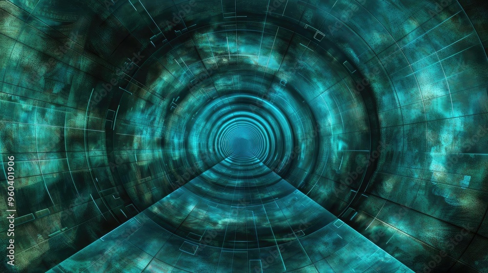 Poster a mesmerizing tunnel with glowing textures, leading into a vibrant, abstract space filled with swirl