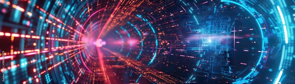 Poster Vibrant abstract tunnel with glowing lights and digital effects, representing technology and futuristic concepts.