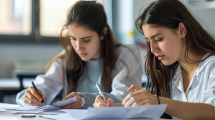 Fototapeta premium Two young female students intensely focused on their studies