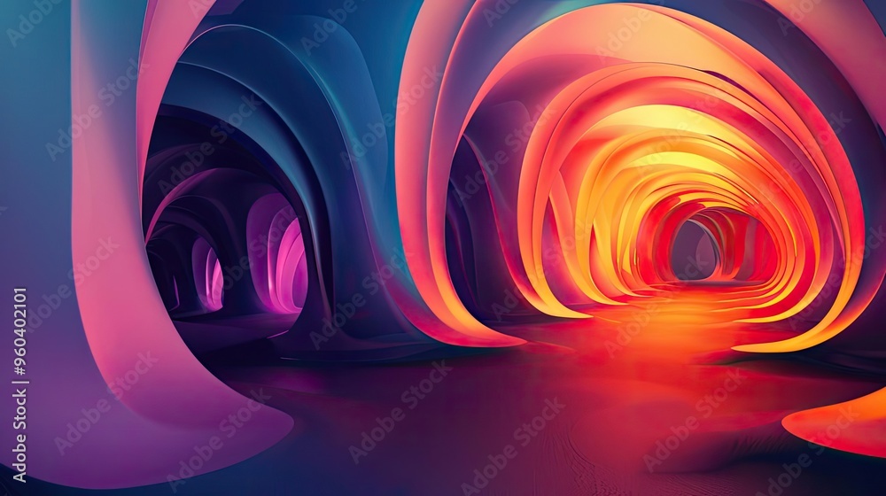 Poster a vibrant, abstract cave with flowing shapes and colorful lights, creating a dreamlike atmosphere fo