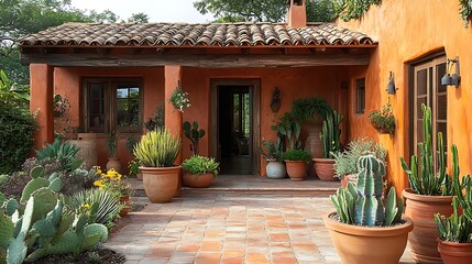 Naklejka premium A rustic Southwestern patio with terracotta pavers, vibrant ceramic pots filled with cacti and desert plants, the warm desert sun casting soft light over the adobe walls, creating a peaceful,