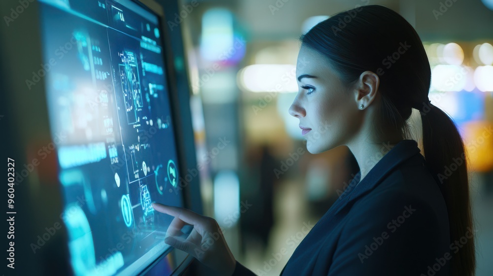 Poster Professional woman in formal attire using a futuristic touchscreen display with digital interface, analyzing data in a modern office environment.
