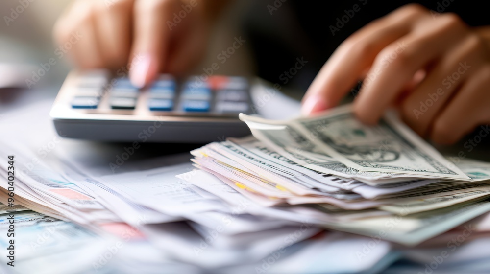 Poster close-up of hands using a calculator and counting cash, placed over a stack of documents, illustrati