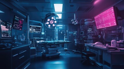 Naklejka premium Modern operating room filled with advanced medical equipment and monitors, prepared for surgery, showcasing a cutting-edge healthcare environment..