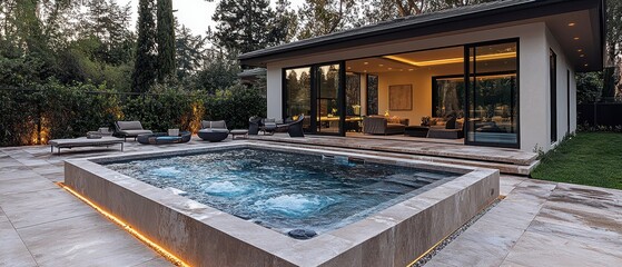Elegant Evening Oasis: Modern Luxury Pool with Built-in Hot Tub and Stylish Outdoor Seating