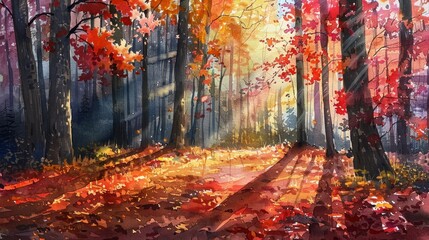 Fototapeta premium A path through a vibrant autumn forest, bathed in golden sunlight. Red and yellow leaves cover the ground.