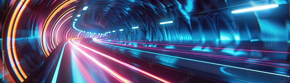 Poster A vibrant tunnel with dynamic lights and digital effects, creating a futuristic atmosphere. Perfect for tech and travel themes.