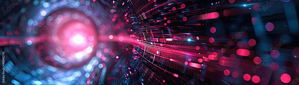 Poster Abstract illustration of vibrant light trails and particles, creating a dynamic digital background filled with energy and movement.