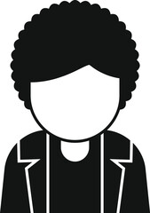 Simple black and white vector icon of a young man with afro hair wearing a jacket