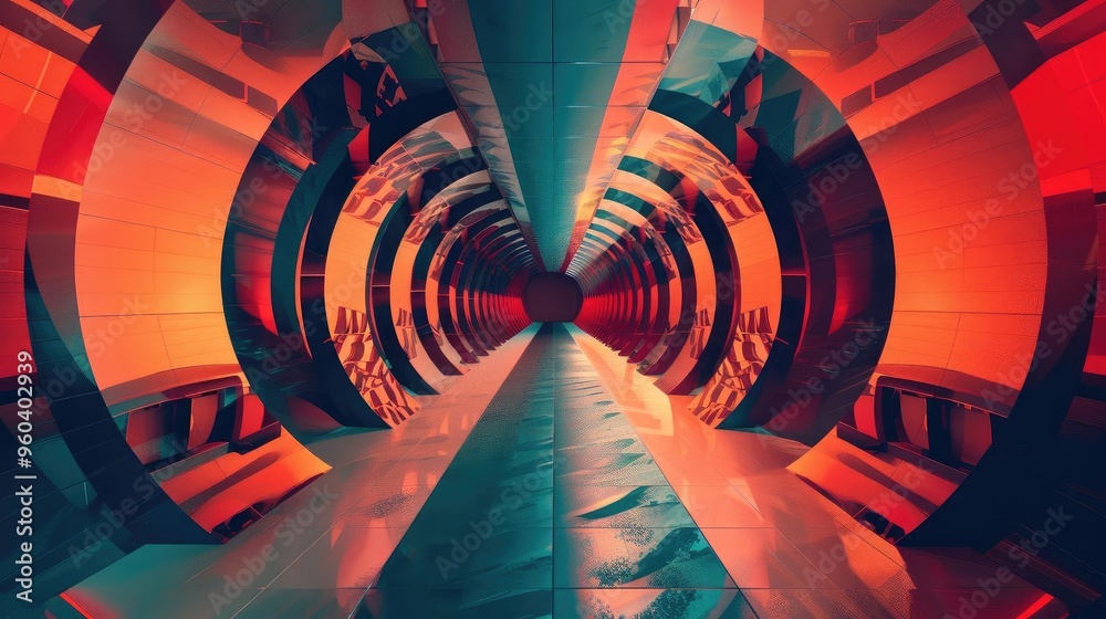 Aufkleber Futuristic tunnel with vibrant colors and unique geometric patterns, creating a sense of movement and depth.